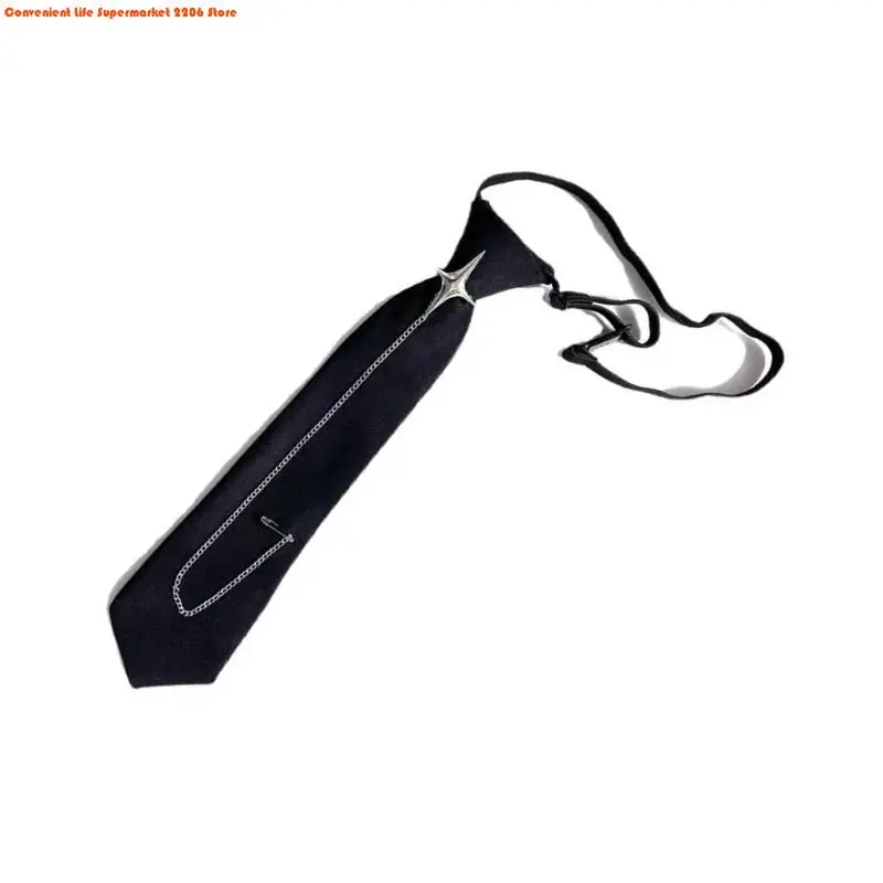 Cravatta unisex con croci punk e catena pre legata, cinturino regolabile, cravatta nera, per abiti uniformi universitarie giovanili 4