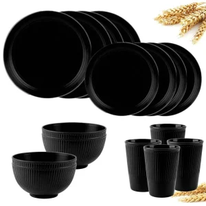 Set di posate in paglia di grano nero 4 pezzi/16 pezzi Set di piatti per tazze e ciotole Set di stoviglie portatili Kit di stoviglie per campeggio picnic 1