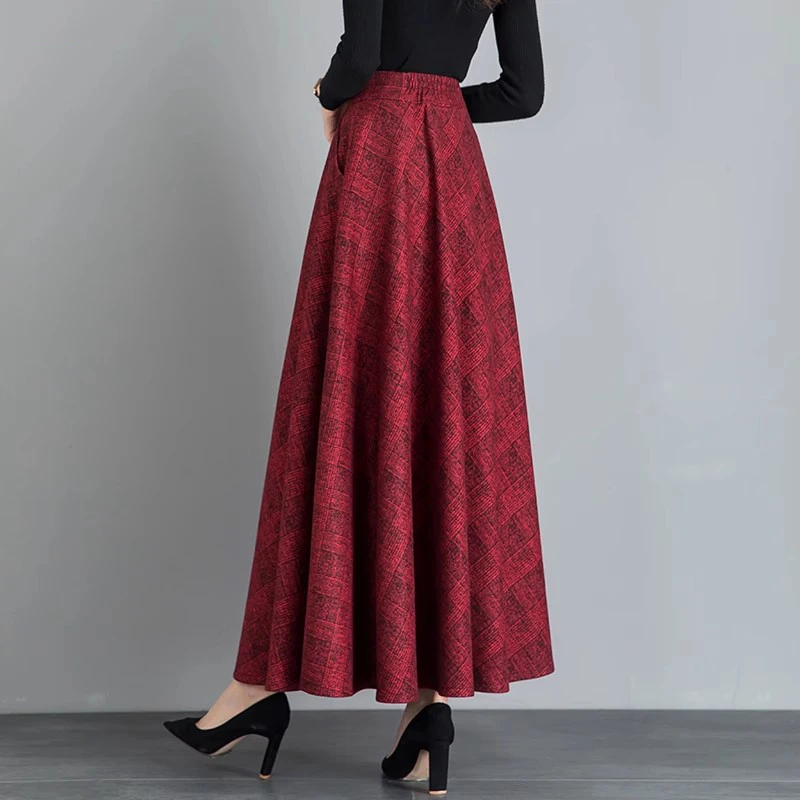 Nuovo Donna Gonna lunga di lana Autunno Inverno Moda Vita alta elastica A-line Gonna a quadri in misto lana Vintage Gonna elegante 3