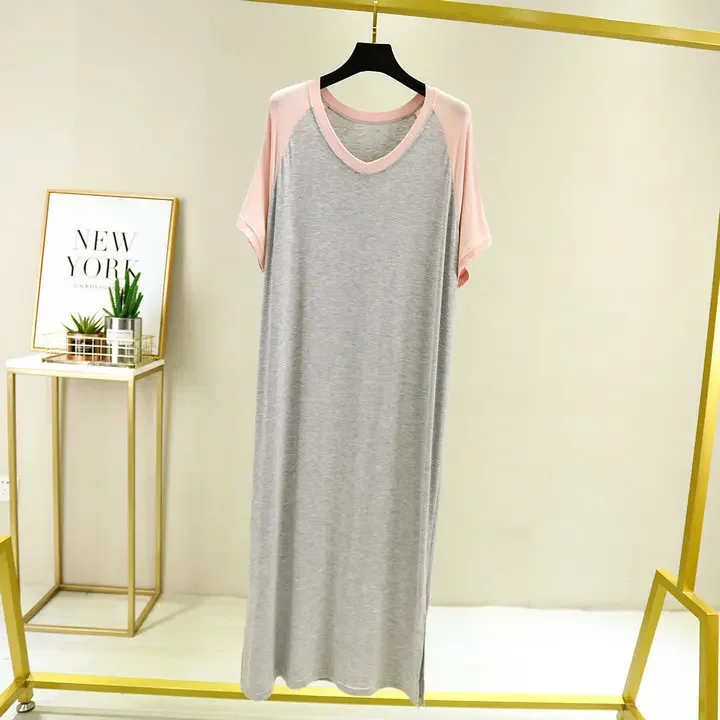 Estate plus size modale spalla allentata inserto color block manica corta abito premaman spacco laterale scollo a V gonna vestiti per la casa 2