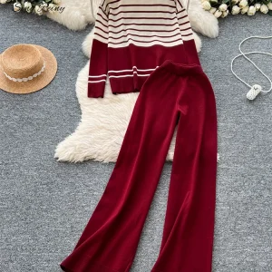 SINGREINY Autunno Donna Abiti a righe Nuovo O Collo Maniche lunghe Top caldo + Pantaloni lunghi elastici Maglione allentato casual Set di due pezzi 1
