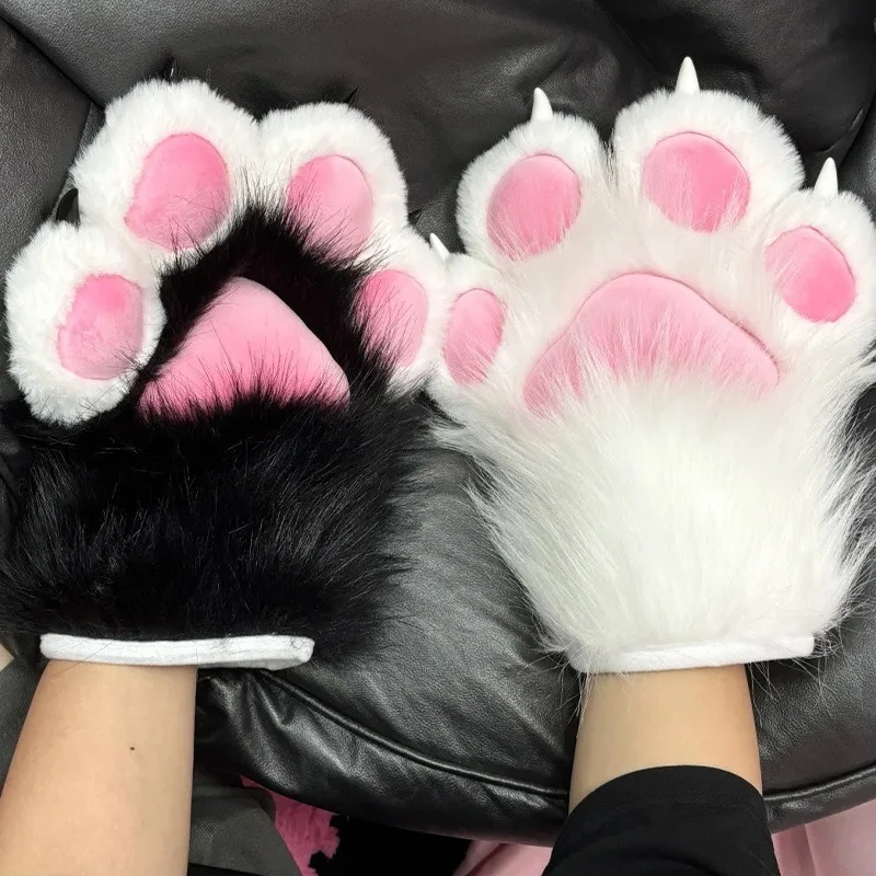 2025 Guanti con zampa di gatto peloso bianco nero cartone animato per le donne Guanti cosplay moda addensare guanti con artiglio di gatto carino Accessori per feste 3