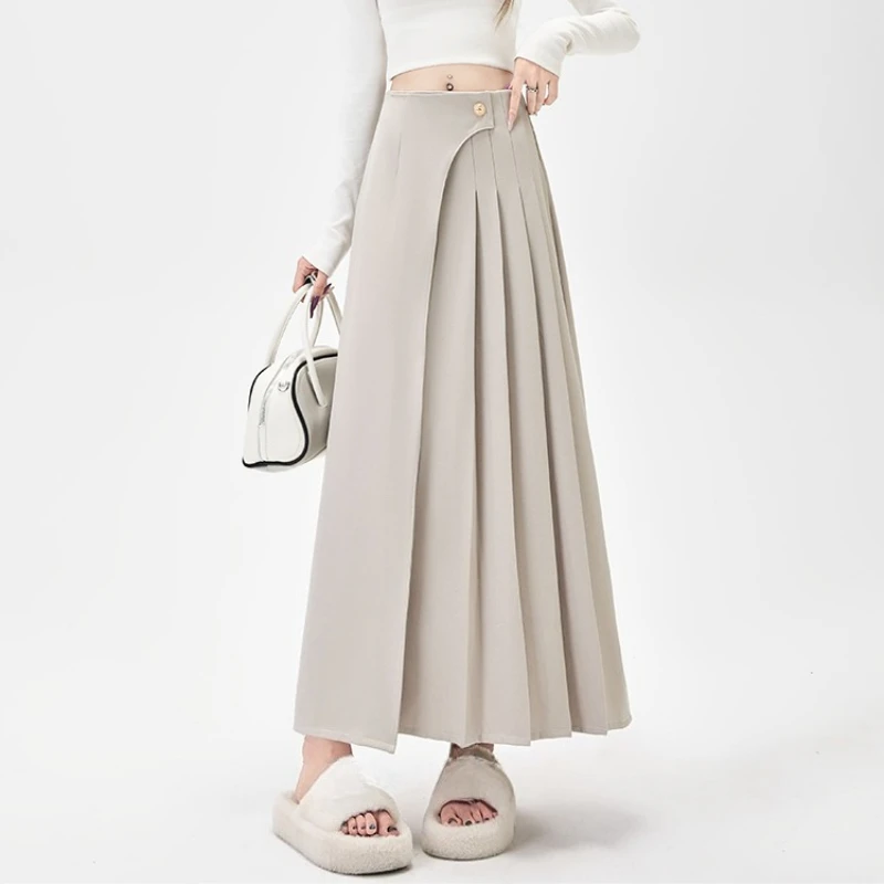 Autunno elegante pieghettato donna avvolgere ombrello gonne lunghe 2025 nuovo bottone singolo a vita alta coreano ufficio gonna a trapezio allentata femminile 2