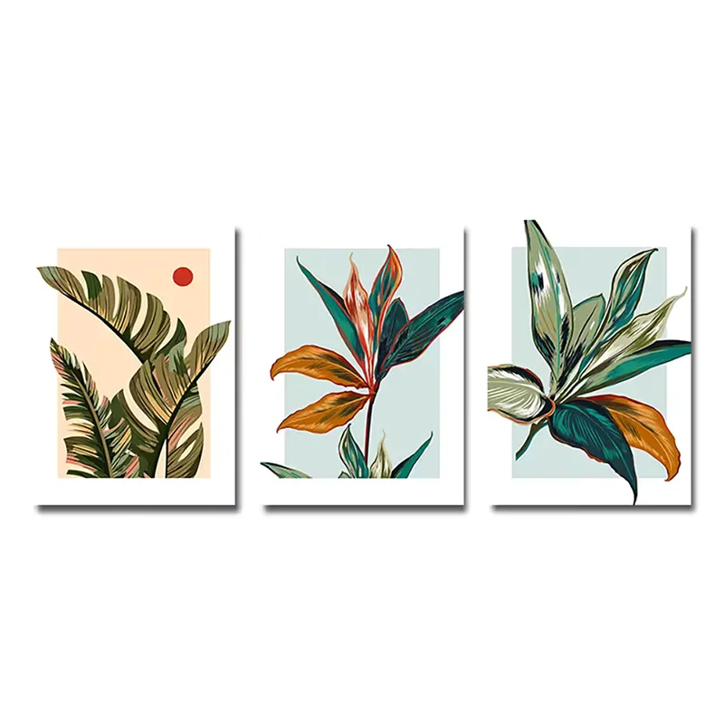 Set di 3 poster colorati su tela botanica tropicale stampa foglie floreali pittura murale immagine per camera da letto arredamento moderno per la casa 4