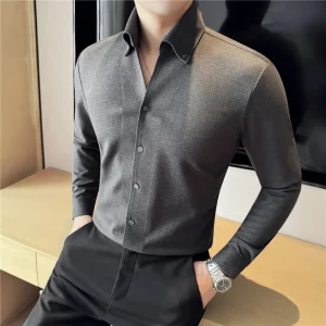 Camicia invernale in lana spessa, camicia casual di alta qualità con scollo a V da uomo senza cuciture, top da lavoro marrone 1