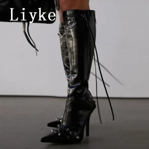 Liyke 2025 Nuovo Sexy Punta a punta Stivali alti al ginocchio Donna Pole Dance Tacchi a spillo Pompe Moda Nappa Zip Rivetto Scarpe lunghe invernali 1