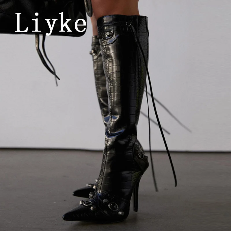 Liyke 2025 Nuovo Sexy Punta a punta Stivali alti al ginocchio Donna Pole Dance Tacchi a spillo Pompe Moda Nappa Zip Rivetto Scarpe lunghe invernali 1