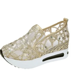Scarpe casual con zeppa Donna Estate 2025 Scarpe vulcanizzate in rete con paillettes dorate Suola in gomma Slip on Comode sneakers basse femminili 1