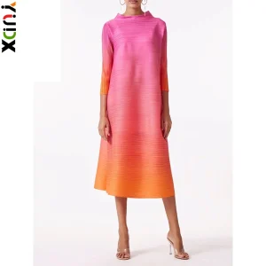 YUDX Miyake Elegante Abito a pieghe sfumato Dolcevita Maniche lunghe Rosa Arancione Moda Abiti a metà polpaccio per le donne 2025 Nuovo 1