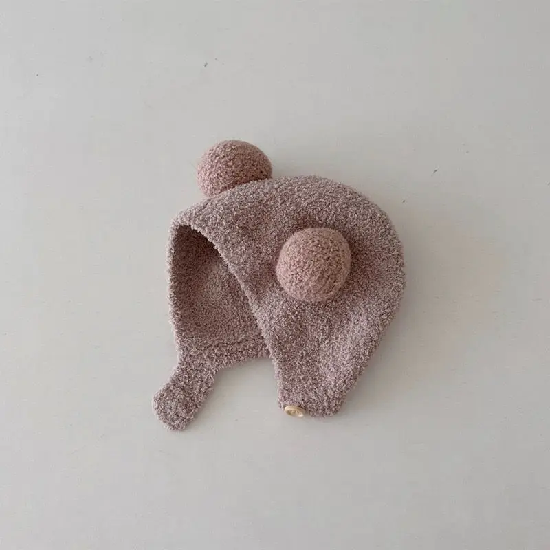Carino inverno caldo bambini ragazza ragazzi cappelli per bambini berretti in lana con orlo con palla cappelli di protezione per le orecchie in lana solida morbido cofano neonato 5