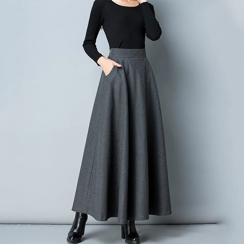 Lucyever Gonna lunga di lana delle nuove donne di inverno Elegante vita alta di lana Una linea Gonne Donna Casual Spessa Tasca calda Maxi Gonne 3