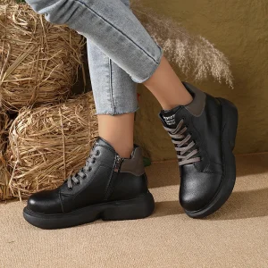 Nuovi stivali da donna in morbida pelle nera 2025, stivaletti stringati invernali con suola spessa con fodera pelosa, street style 1