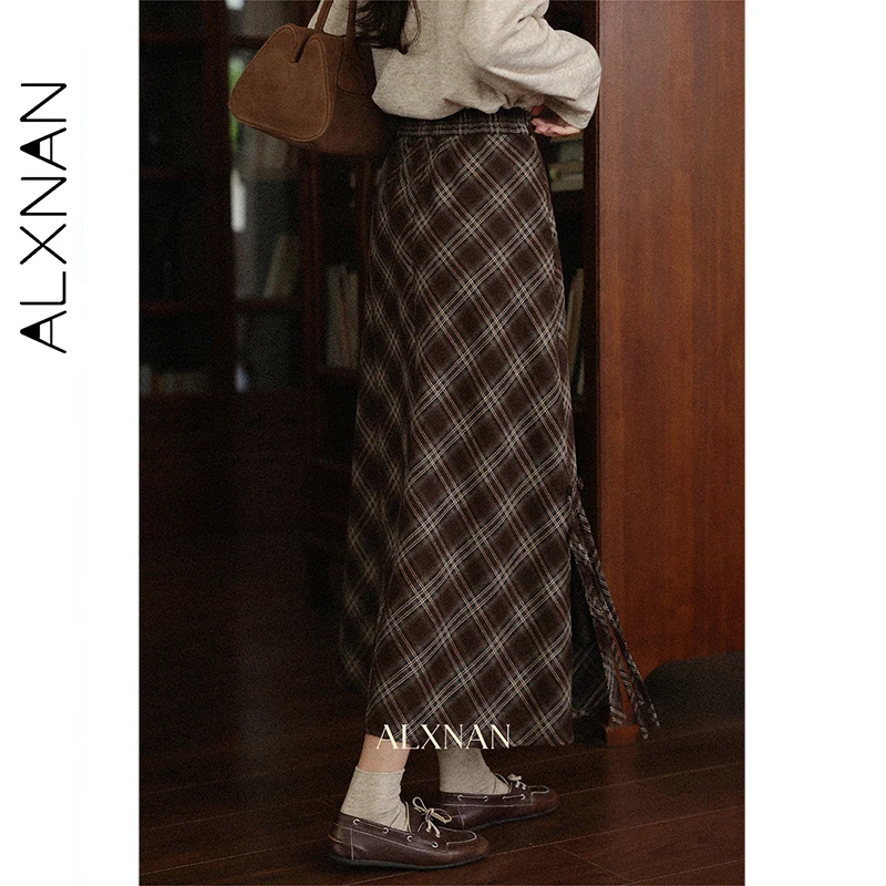 ALXNAN Gonna scozzese marrone Donna Vintage Elegante Chic con bottoni Gonne lunghe con spacco 2025 Autunno Nuovo Office Lady Abbigliamento femminile L57033 3