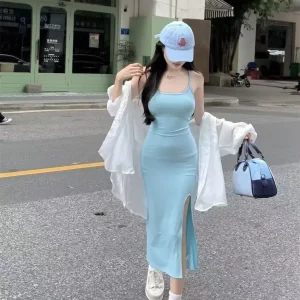 Abito da donna senza maniche con spacco di media lunghezza blu dimagrante stile puro desiderio Abito da ragazza sexy con gonna a trapezio in vita impero 1