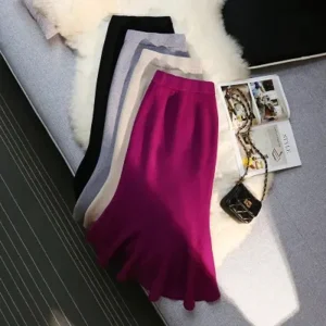 MEXZT Gonne lunghe in maglia vintage Gonna a sirena sottile a vita alta elastica da donna Autunno Inverno Gonne a tromba solide eleganti coreane Novità 1