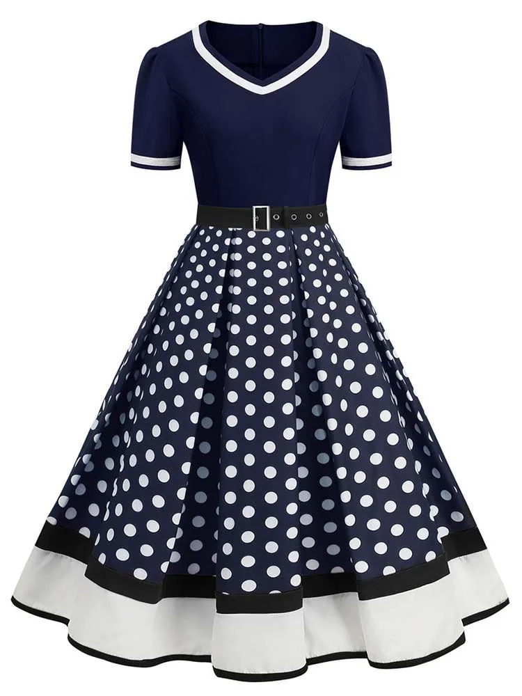 Abito plissettato vintage a maniche corte con scollo a V nero con cintura Abito da donna a pois anni '50 Abito estivo taglie forti 4