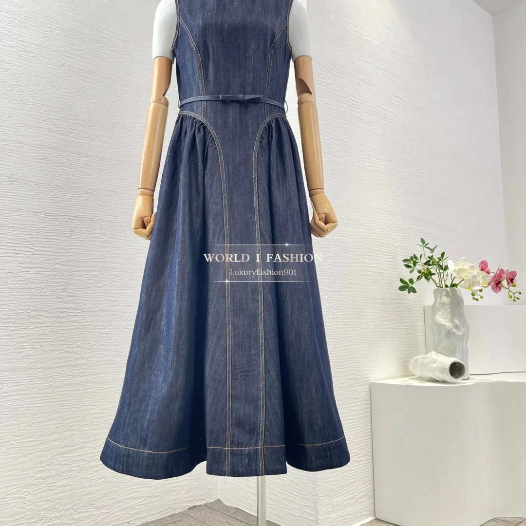 Vacanze autunnali Nuove donne eleganti Abiti da donna Blu navy Jeans denim Abito longuette senza maniche per l'uso quotidiano 5