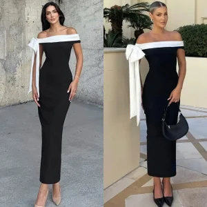 Abito con scollo a barchetta con fasciatura Donna Y2K Chic Nappa senza maniche Skinny Stretch Elegante 2025 Tendenza estiva Slim Maxi aderente 1