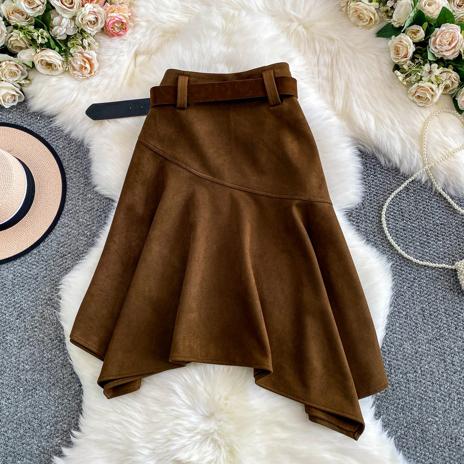 Gonna sexy da donna con volant asimmetrico chic Elastico a vita alta Moda coreana Gonna autunnale a trapezio 2