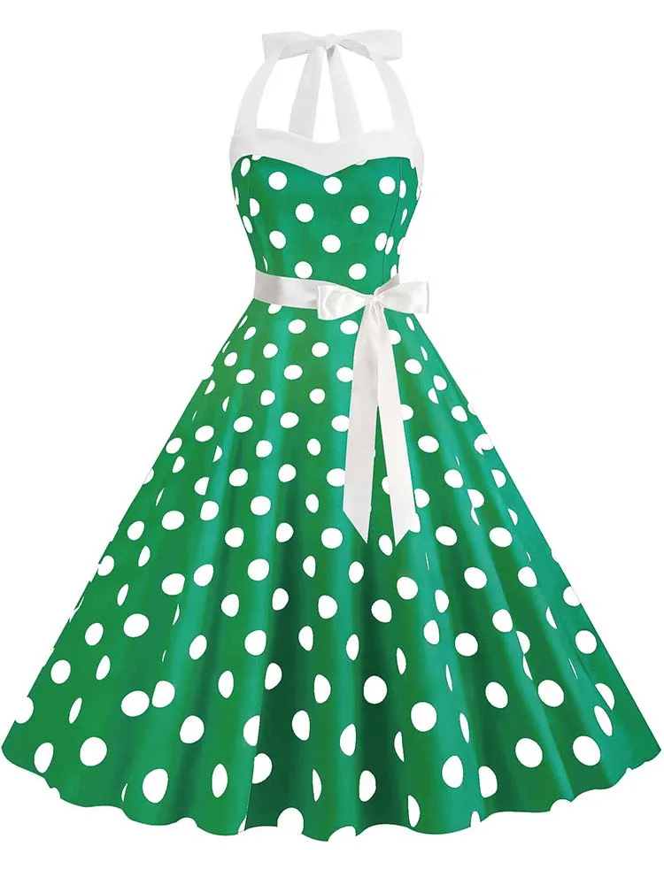 Abito da festa estivo da donna con cintura con stampa a pois Halter Hepburn Robe Abiti vintage anni '50 e '60 6