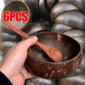 6/1PCS Ciotole di cocco naturale per piatti da portata Insalata di legno Ciotola riutilizzabile in legno Utensili da portata Ciotole di guscio di cocco naturale 1