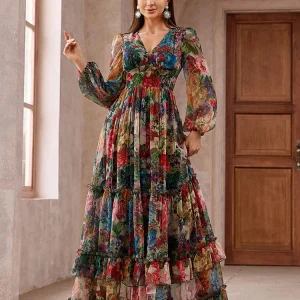 TOLEEN 2024 Nuovo Casual Elegante Boho Vacanza Abiti Da Festa delle Donne Vintage Stampa Floreale Manica Lunga Volant Trim Estate Maxi Vestito 1