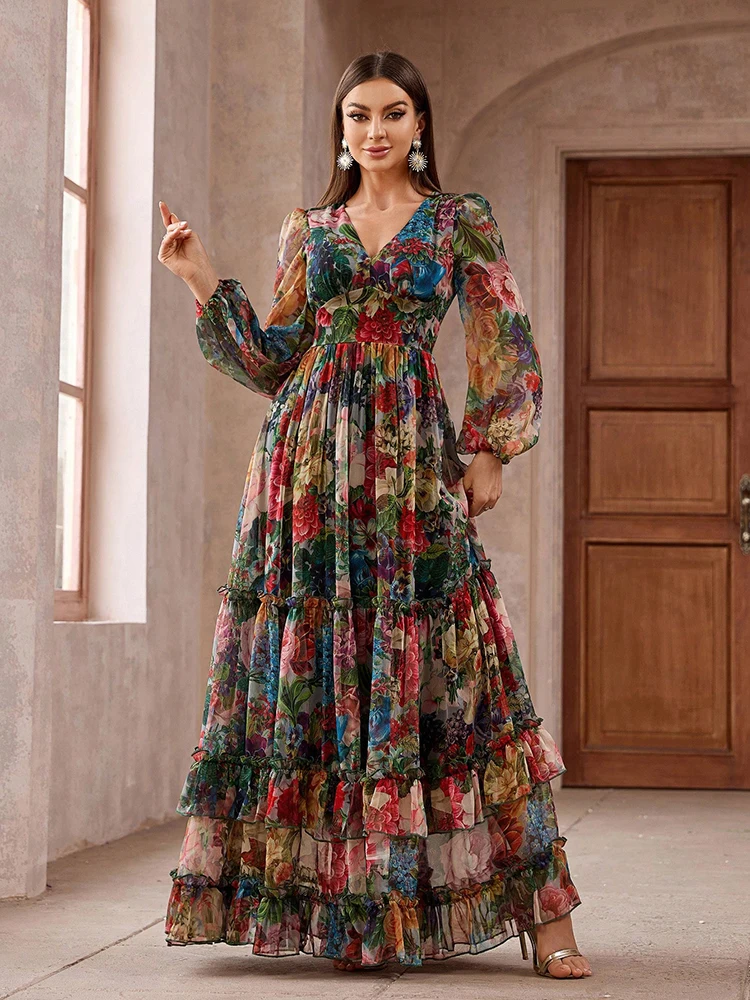 TOLEEN 2024 Nuovo Casual Elegante Boho Vacanza Abiti Da Festa delle Donne Vintage Stampa Floreale Manica Lunga Volant Trim Estate Maxi Vestito 1