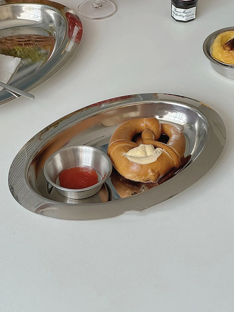 Piatto ovale vintage in acciaio inossidabile per colazione, disco per insalata, piatto rotondo per immersione, vassoio per la conservazione della torta del tè pomeridiano 2