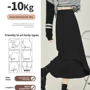 Gonna longuette asimmetrica nera A-Line leggera stile maturo Estate Nuovo arrivo Gonna decorativa in fibra di poliestere di colore puro 1