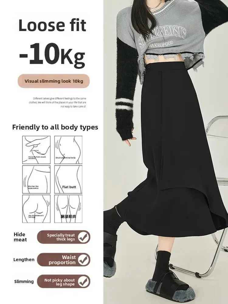 Gonna longuette asimmetrica nera A-Line leggera stile maturo Estate Nuovo arrivo Gonna decorativa in fibra di poliestere di colore puro 1