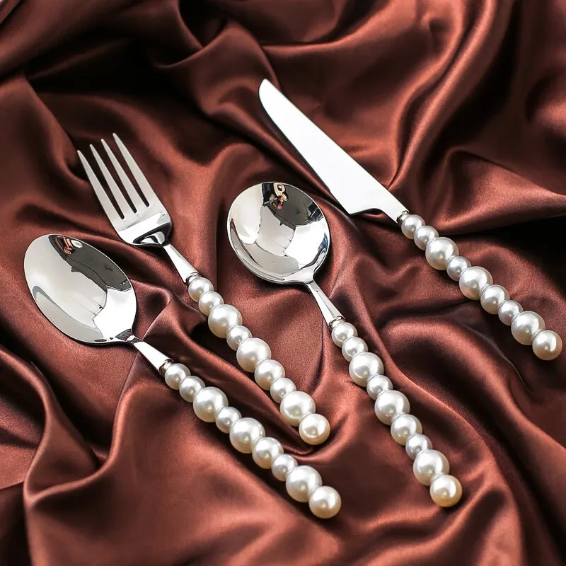 1/3/4 pezzi Set di posate di perle di lusso stoviglie in acciaio inossidabile imitazione perla coltello, forchetta e cucchiaio creatività regalo di nozze 6