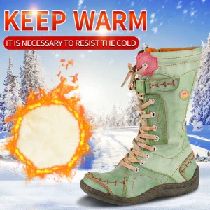 TMA EYES Stivali lunghi da donna in pelle calda in inverno con cuciture a mano in tinta unita 1