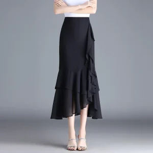 Gonna a coda di pesce a trapezio di media lunghezza in chiffon con orlo asimmetrico Donna Estate 2025 Nuova vita alta Elegante stile pendolare Poliestere F.. 1