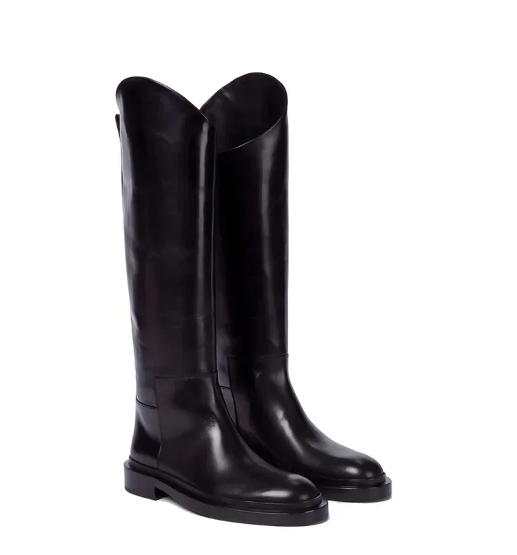 Stivali in pelle piatti al ginocchio con punta tonda alla moda autunno e inverno europei e americani, stivali da cavaliere da donna taglia 34-46 3
