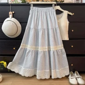 Gonna a blocchi di colore patchwork in pizzo dolce per donna Gonna a strati midi a vita alta ampia 1