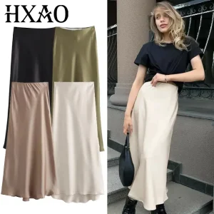 HXAO Gonne lunghe in raso da donna Nero Bianco Verde Gonna kaki Gonne da donna eleganti estive Gonne a vita alta lisce di lusso 066 1