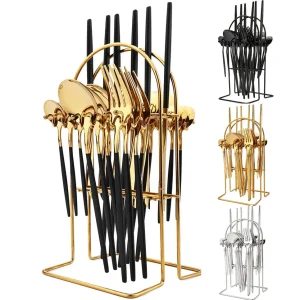 JANKNG 24Pcs Set di posate Set di posate in acciaio inossidabile stoviglie da cucina coltello forchetta cucchiaio posate argento nero oro per 6 1