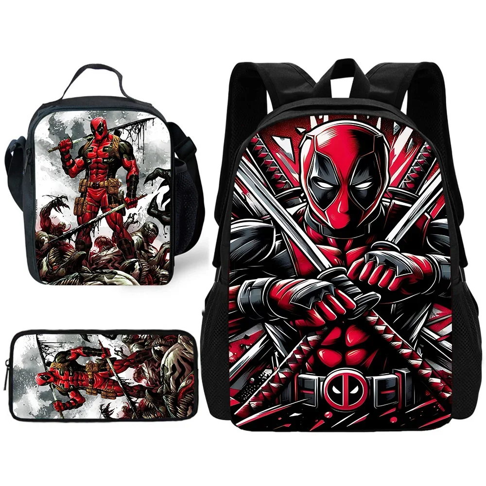 Zaino per bambini Cartoon Deadpools S-Super Heroes con borse per il pranzo, borse per matite, borse per la scuola per ragazzi e ragazze, miglior regalo 2