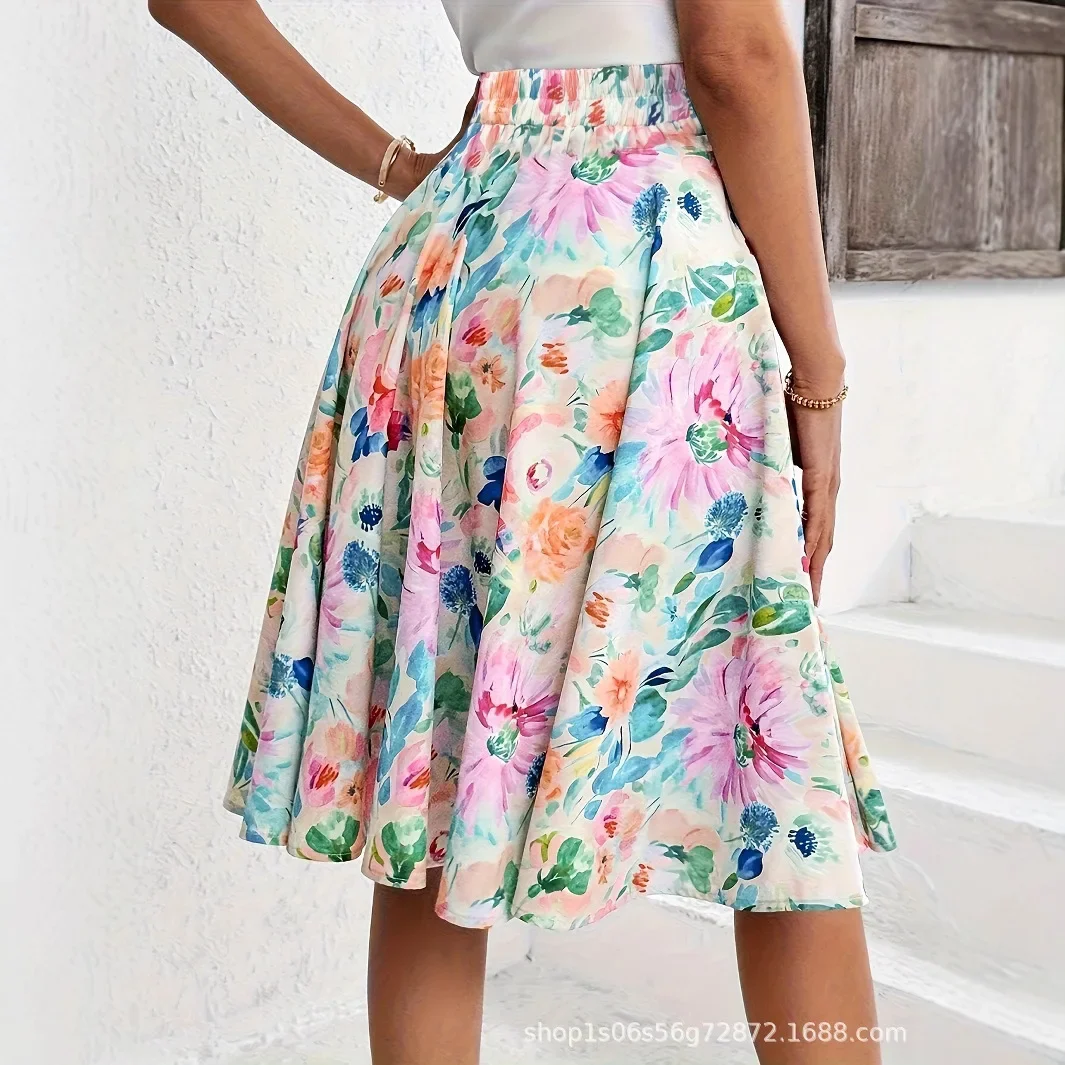 Elegante gonna a trapezio con stampa floreale per donna Estate 2025 Gonna longuette versatile Adesivi decorativi non personalizzati in fibra di poliestere 2