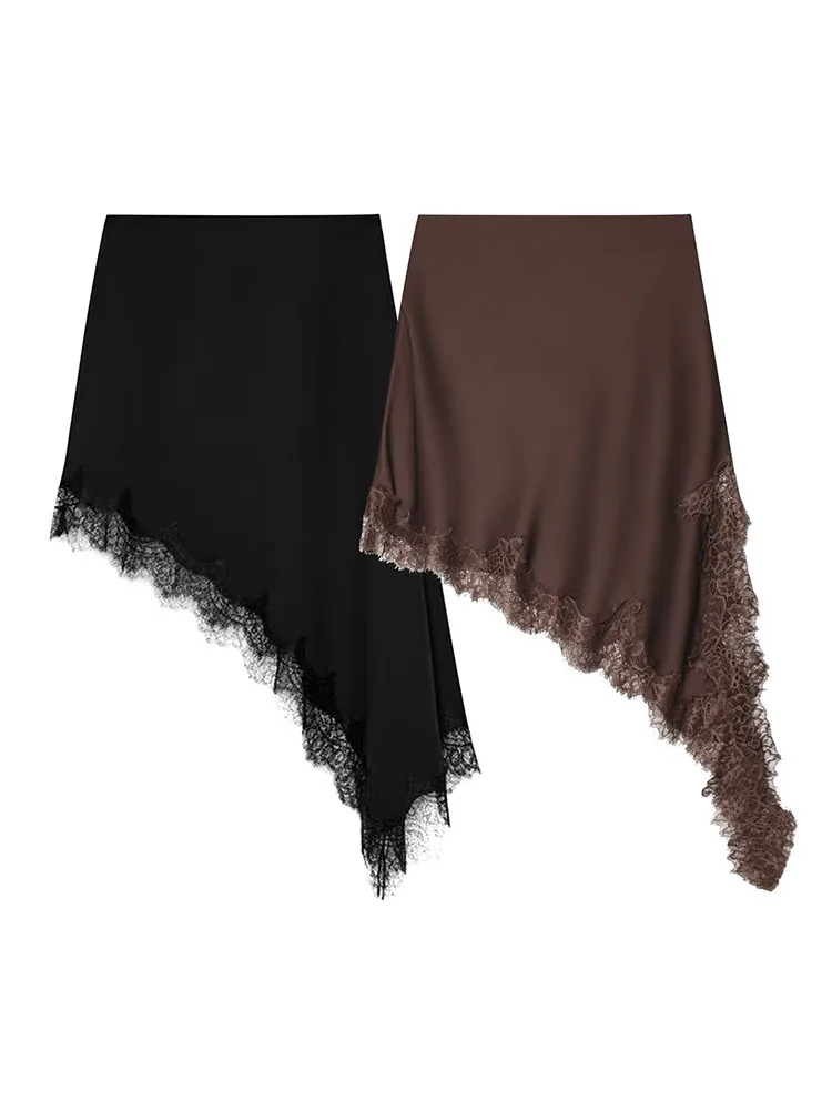 HH Donne 2025 di Nuovo Modo Semplice Asimmetrico Gonna di Pizzo Femminile Elegante Sexy Raso di Seta Texture Elastico in Vita Gonna Casual Mujer 1