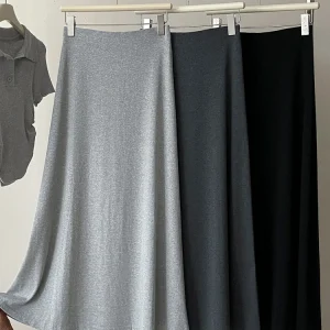 Beiyingni Gonne lunghe lunghe lunghe da donna semplici coreane Elastico in vita Elegante gonna a trapezio nera Donna Tinta unita Faldas grigio francese 1