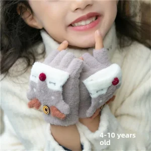 Guanti al polpaccio con cervo dei cartoni animati per bambini di età compresa tra 4 e 10 anni, design a mezze dita, caldi e confortevoli per l'inverno, per ragazzi e ragazze 1