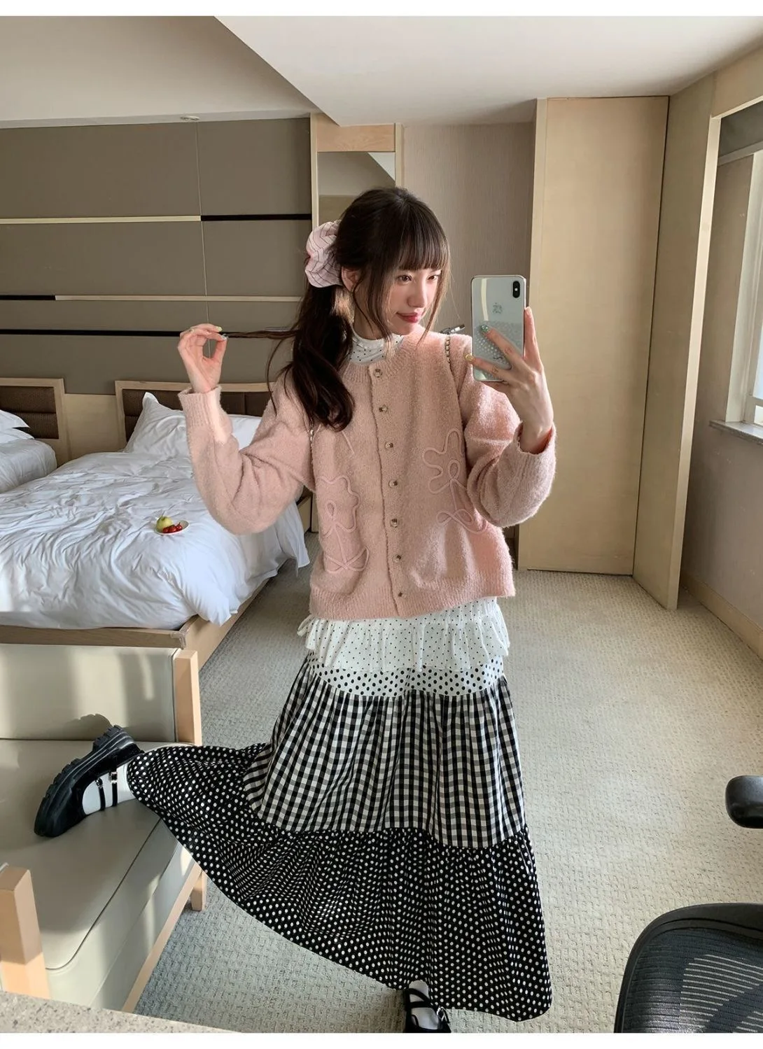 Gonna a pois a quadretti con blocchi di colore a strati patchwork retrò da donna 2025 autunno/inverno Edwardian casual e chic Lolita sk 4