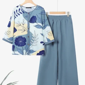 ZANZEA Autunno Vintage Set da 2 pezzi Completi da donna Set di pantaloni casual O Collo Camicia a maniche a 3/4 Pantaloni a gamba larga Abiti Tuta stampata 1