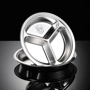 Piatto per alimenti rotondo in acciaio satinato a 3 griglie, vassoi per piatti per bambini, set di piatti per condividere i pasti, tavolo di servizio, posate da pranzo principali per studenti 1