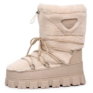 Stivali da neve invernali Donna Stivali da sci a metà polpaccio Zeppe Soffici stivali di pelliccia pelosa Stivali femminili caldi in cotone con plateau alto Taglia 36-41 1