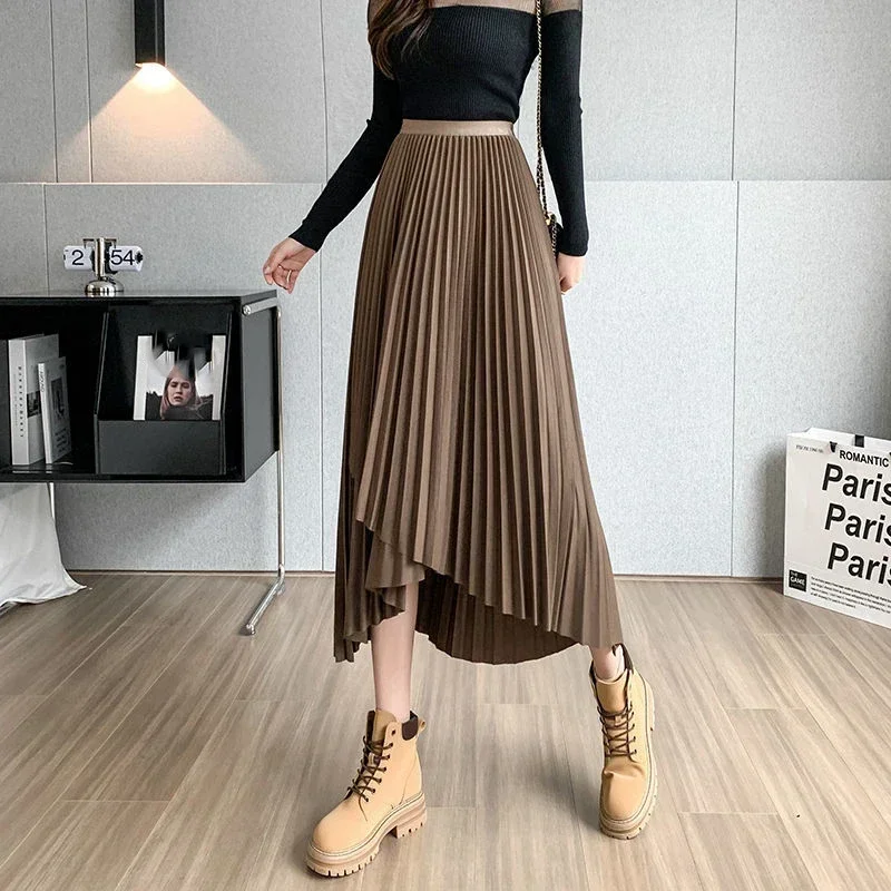 Lucyever Vintage Streetwear gonne A pieghe donna autunno inverno vita alta gonna lunga irregolare moda donna una linea gonne Midi 4