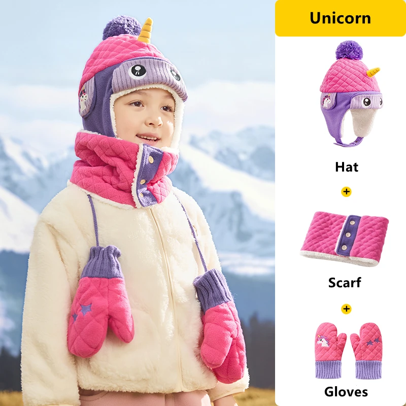 Dinosauro del fumetto Unicorno Bambini Cappello caldo Sciarpa Set Bambini Autunno Inverno Cappello Berretto morbido Cappello di protezione per le orecchie Per le ragazze dei ragazzi 1