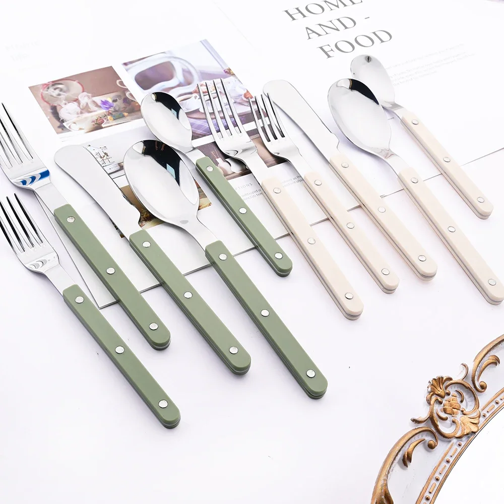 6/30 pz verde argento manico acrilico posate coltello forchetta cucchiaio Set di stoviglie acciaio inossidabile Set di posate cucina domestica occidentale 3