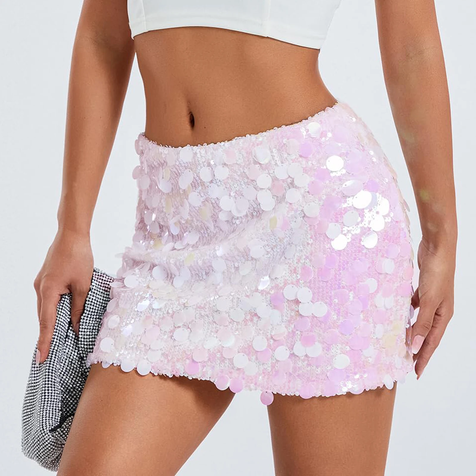 Gonna con paillettes da donna Gonna corta sexy Minigonna sui fianchi Moda donna Gonna glitter lucida Gonna elastica in vita Gonna da festa Gonna di carnevale 3